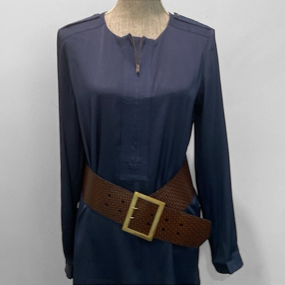 Steffen Schraut Silk Blouse | Navy Blue Long Sleeve Belted Top  Size 36
